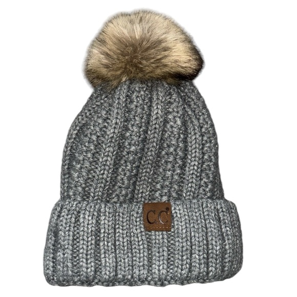 C.C Accessories - Faux fur gray beanie hat with fleece like material lined inside small medium